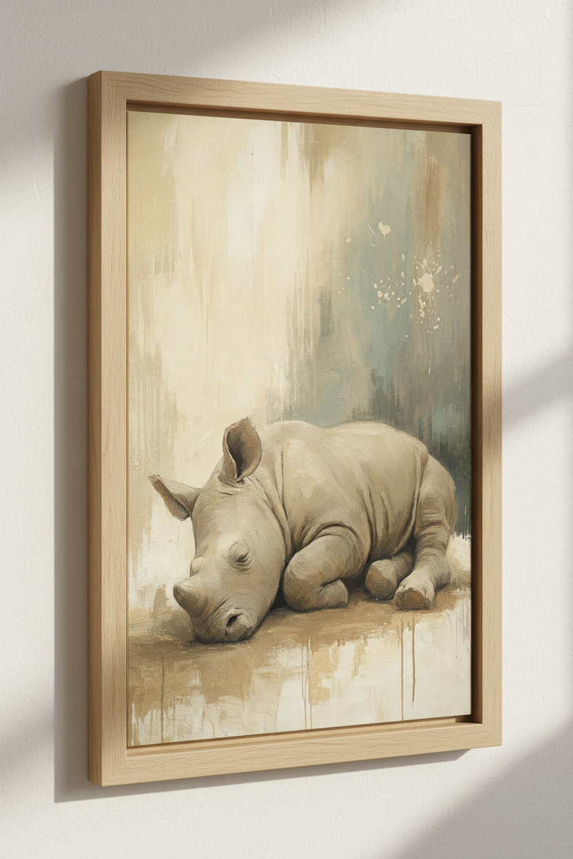 Baby Rhino Wall Art | Neutral Earth Tones Oil Painting, Nursery Poster
