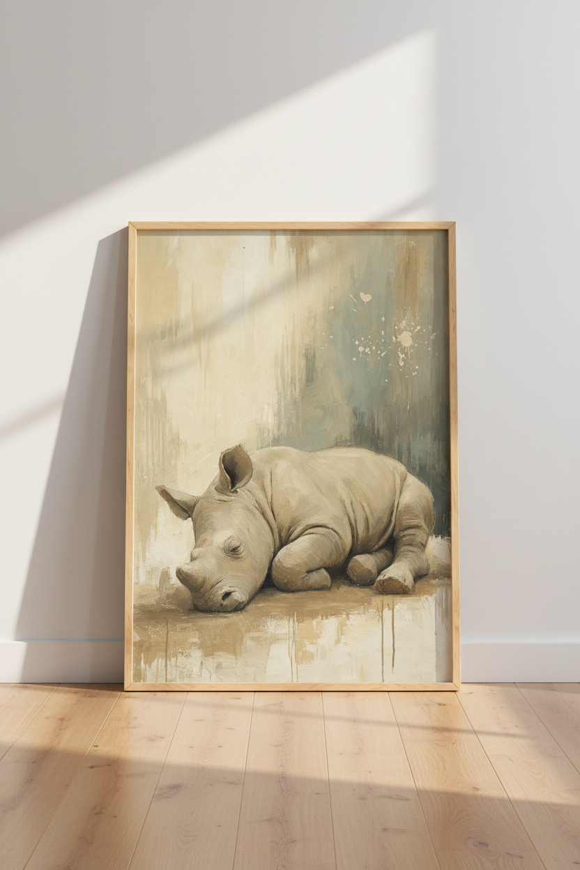 Baby Rhino Wall Art | Neutral Earth Tones Oil Painting, Nursery Poster