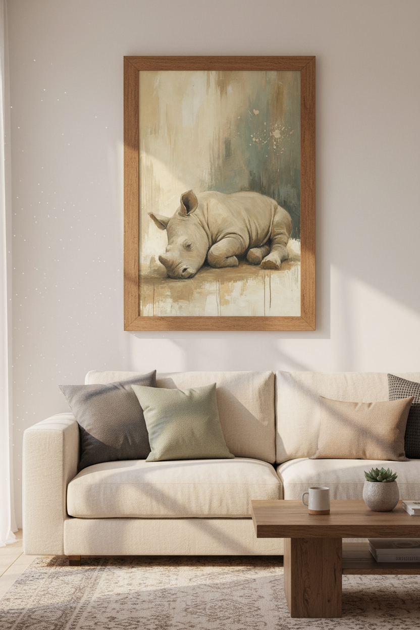 Baby Rhino Wall Art | Neutral Earth Tones Oil Painting, Nursery Poster