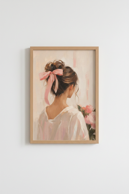 Coquette Wall Art Print | Pink Bow Oil Painting, Romantic Bedroom Decor