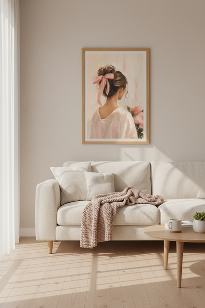 Coquette Wall Art Print | Pink Bow Oil Painting, Romantic Bedroom Decor