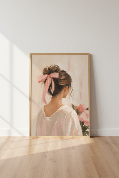 Coquette Wall Art Print | Pink Bow Oil Painting, Romantic Bedroom Decor
