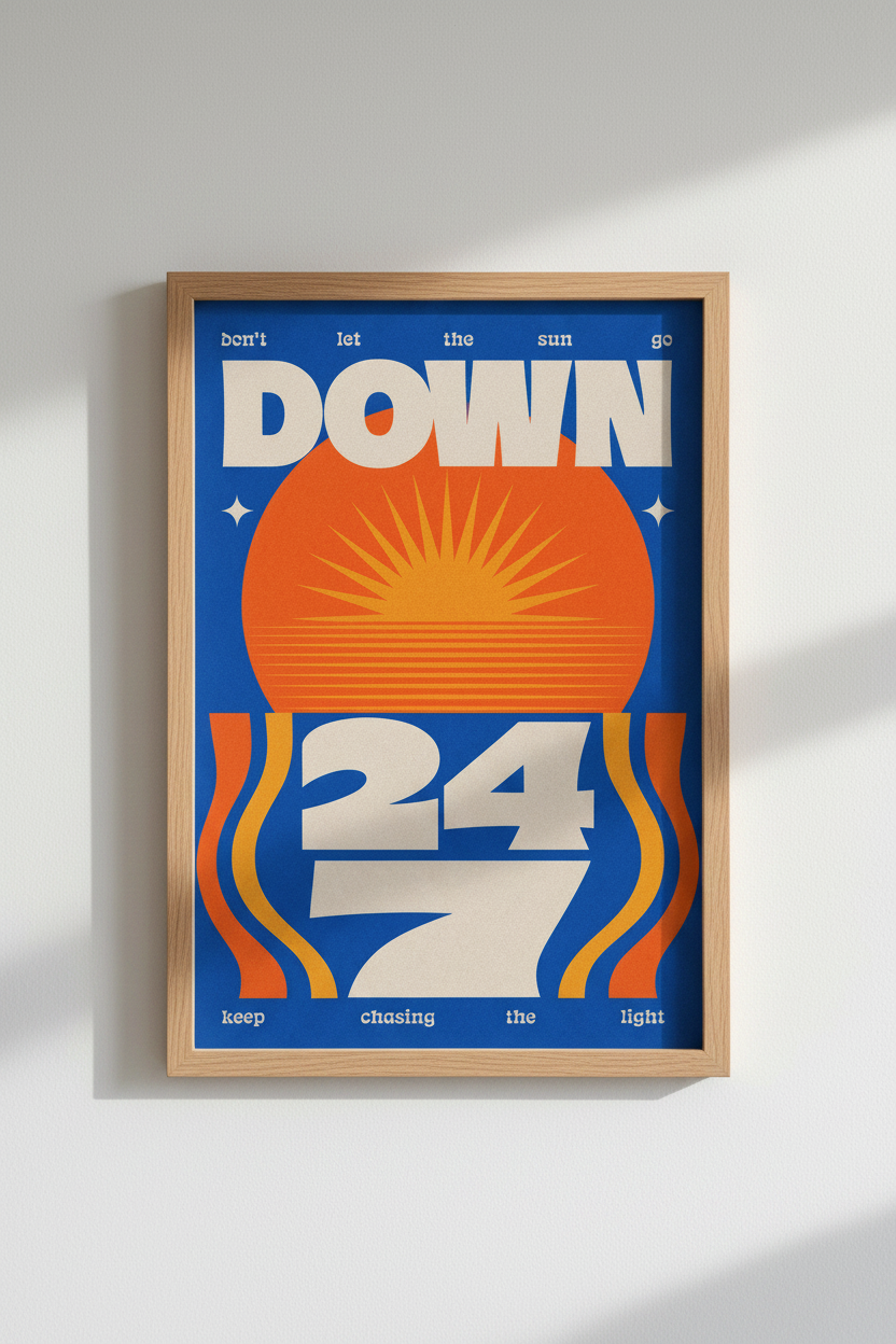 Retro Sunset Typography Wall Art | Vintage Blue Orange Poster | Modern Dorm Decor