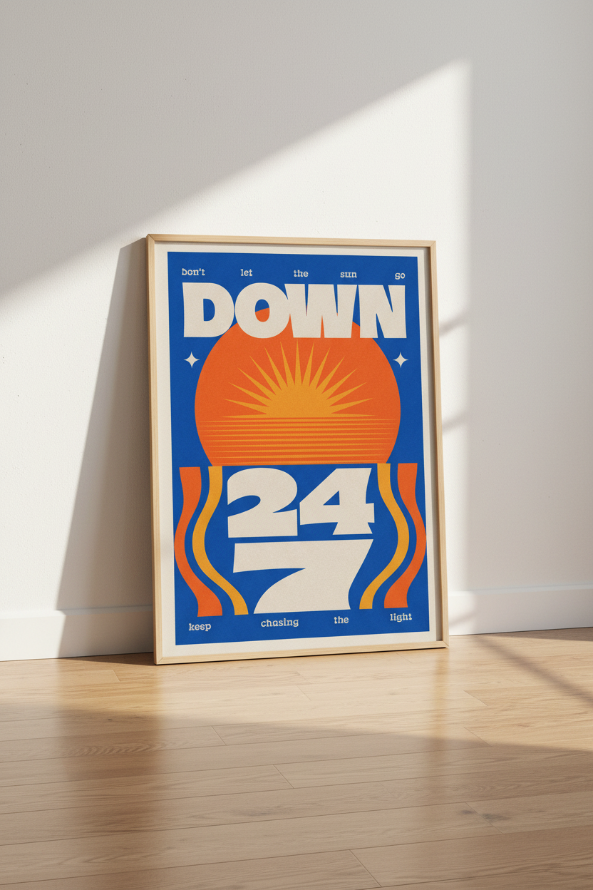 Retro Sunset Typography Wall Art | Vintage Blue Orange Poster | Modern Dorm Decor