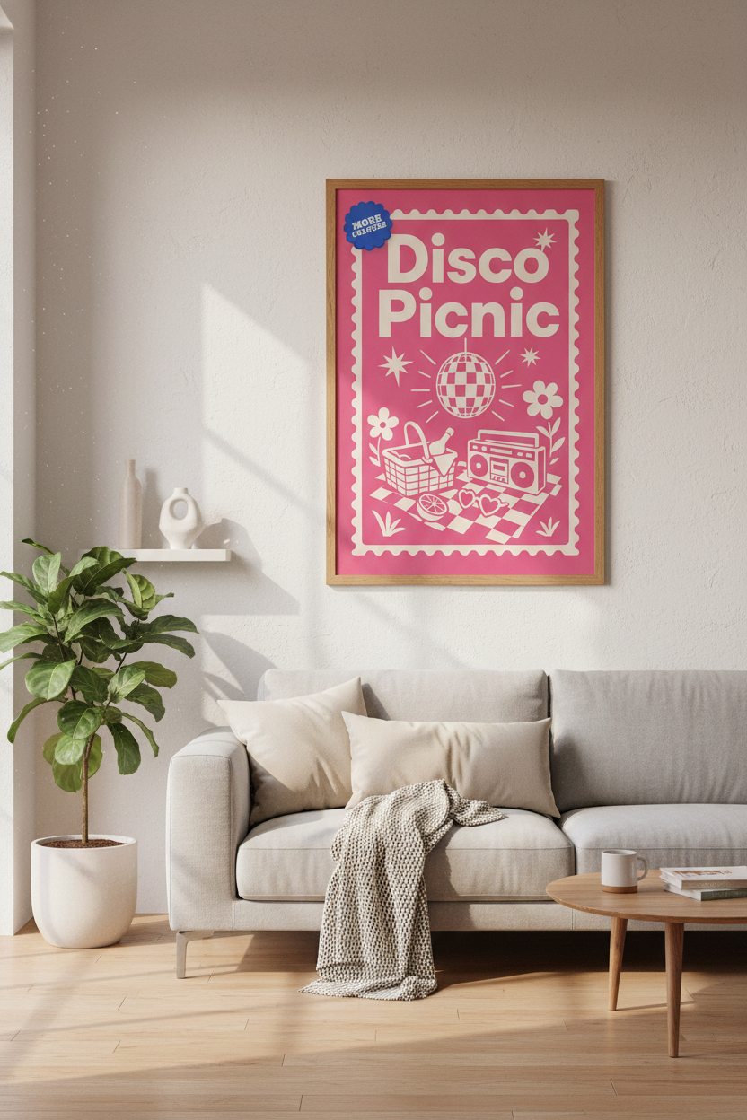 Disco Picnic Wall Art | Pink Retro Picnic Poster, Preppy Dorm Decor