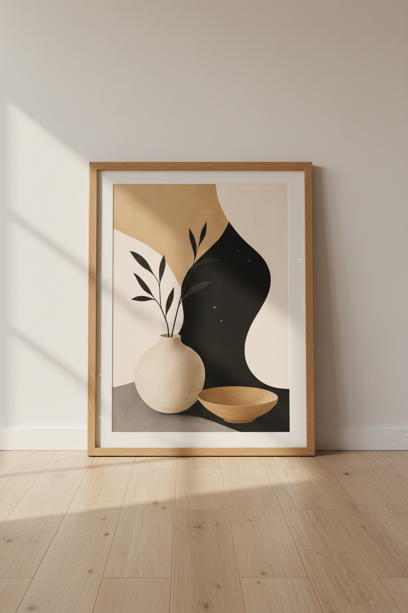 Abstract Japandi Wall Art | Minimalist Earthy Poster, Neutral Botanical Room Decor