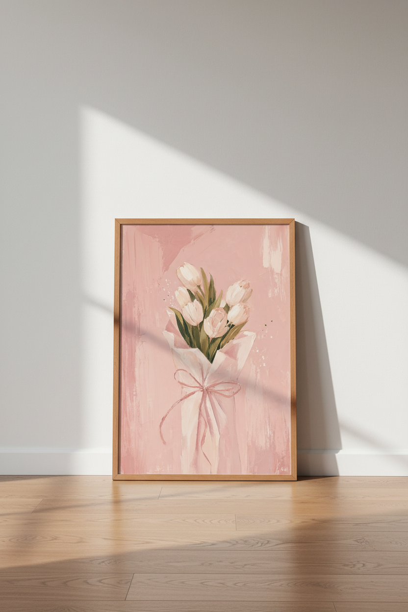 Pink Tulip Bouquet Wall Art | Shabby Chic Floral Print, Bedroom Pastel Decor