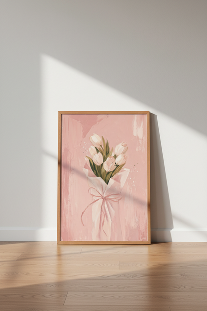 Pink Tulip Bouquet Wall Art | Shabby Chic Floral Print, Bedroom Pastel Decor