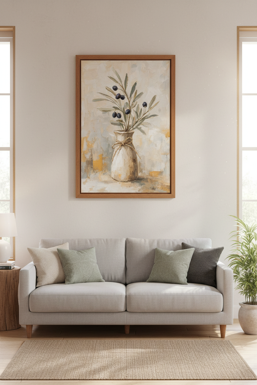 Olive Branch Oil Painting | Rustic Mediterranean Vase, Kitchen Wall Art Print