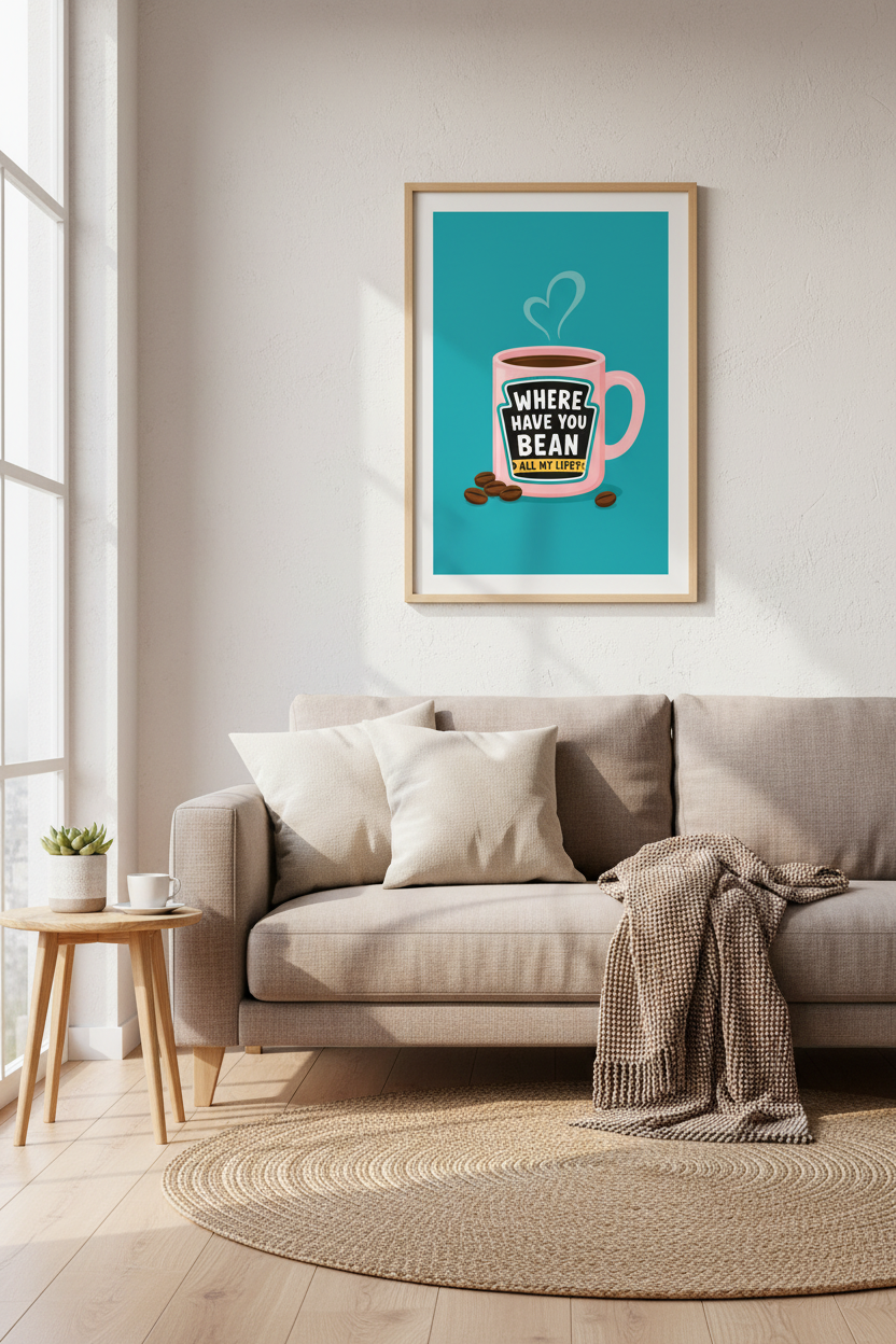 Funny Coffee Wall Art Print | Retro Kitchen Decor | Pink &amp; Teal Coffee Pun Poster