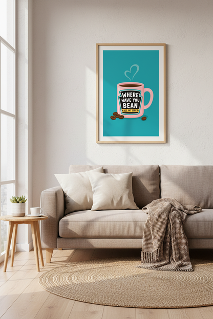 Funny Coffee Wall Art Print | Retro Kitchen Decor | Pink &amp; Teal Coffee Pun Poster