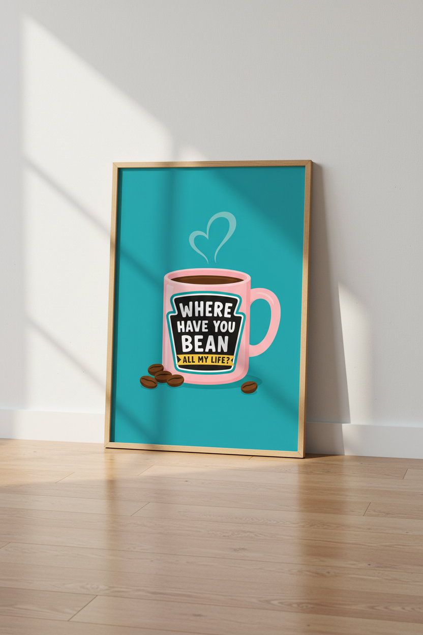 Funny Coffee Wall Art Print | Retro Kitchen Decor | Pink &amp; Teal Coffee Pun Poster
