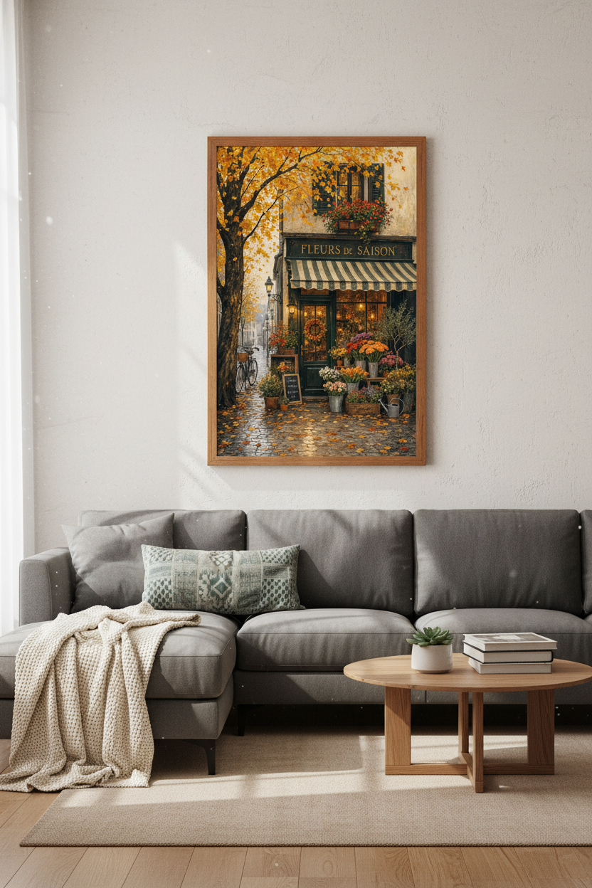 French Flower Shop Wall Art | Autumn Paris Street Scene Decor | Cozy Fall Poster