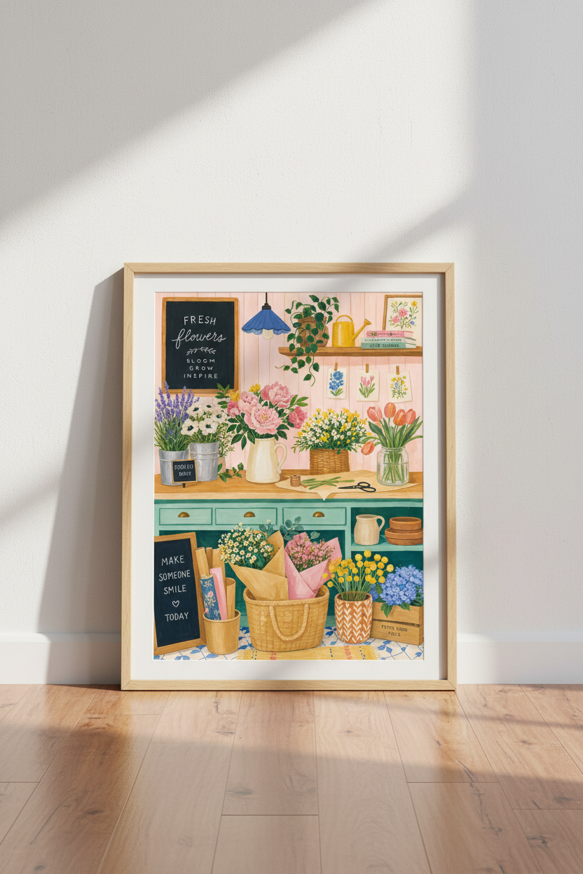 Floral Market Shop Wall Art | Cottagecore Pink Flower Poster, Kitchen Decor