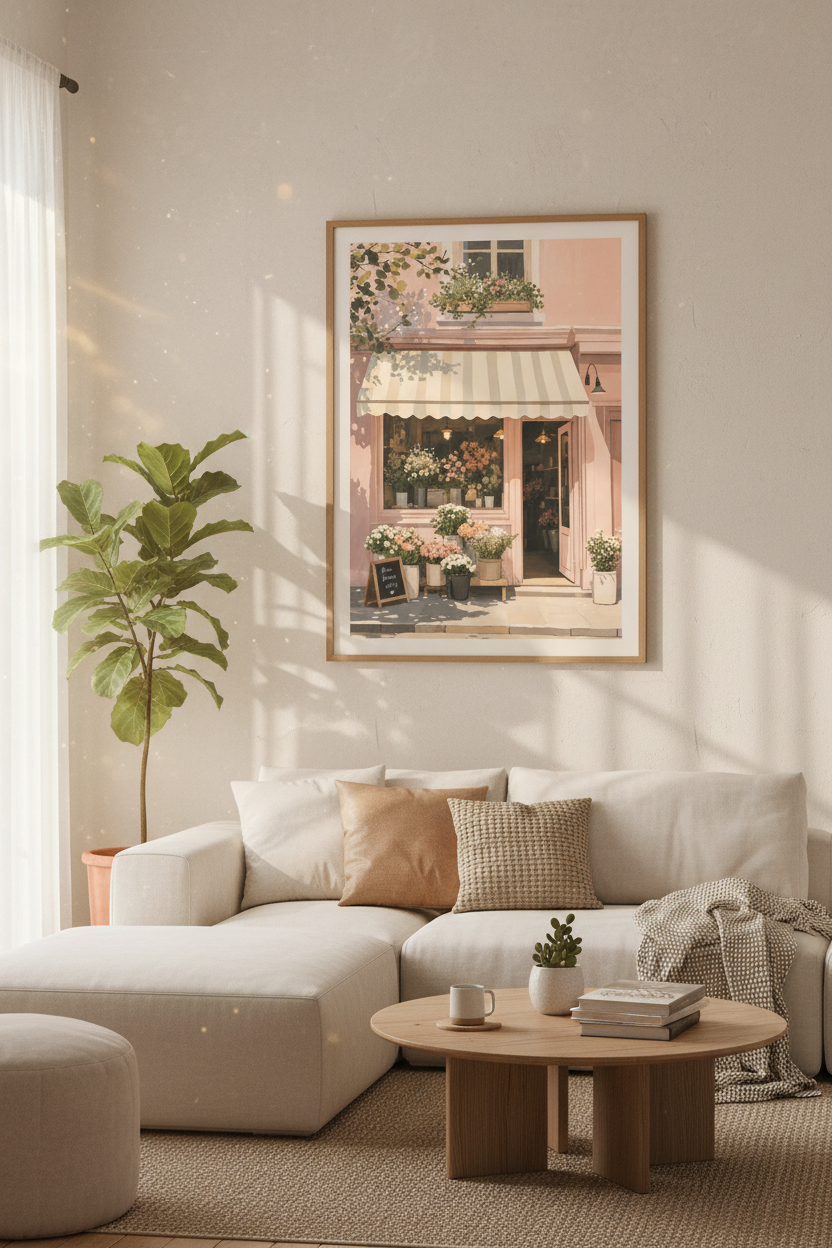 French Flower Shop Print | Pink Parisian Boutique, Romantic Floral Wall Decor