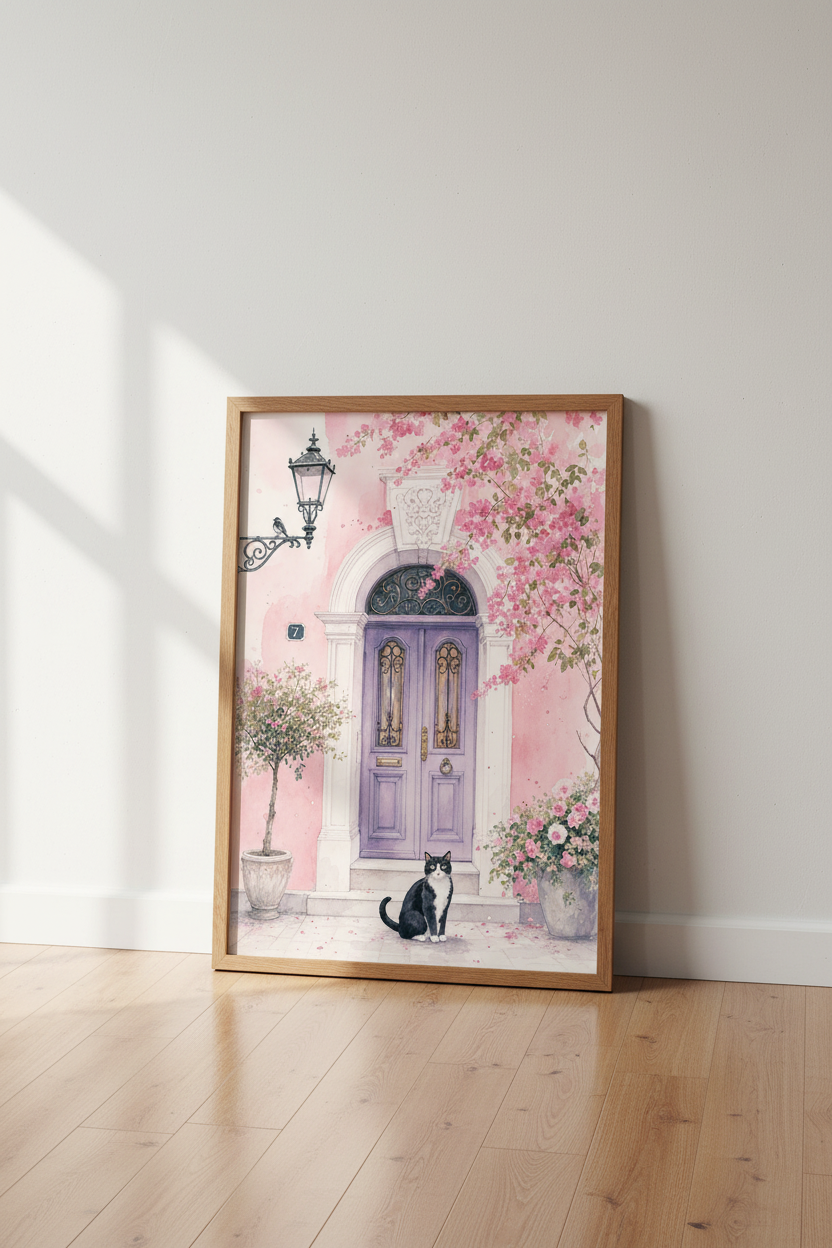 Whimsical Cat at Purple Door | Pink Floral Watercolor, Mediterranean Decor
