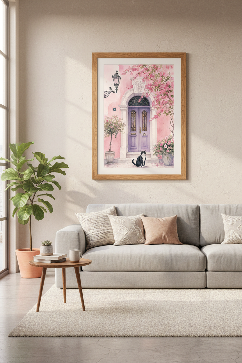 Whimsical Cat at Purple Door | Pink Floral Watercolor, Mediterranean Decor