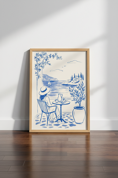 Coastal Mediterranean Terrace Wall Art | Blue Line Art Poster, Greek Island Decor