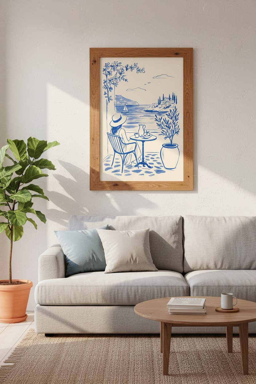 Coastal Mediterranean Terrace Wall Art | Blue Line Art Poster, Greek Island Decor
