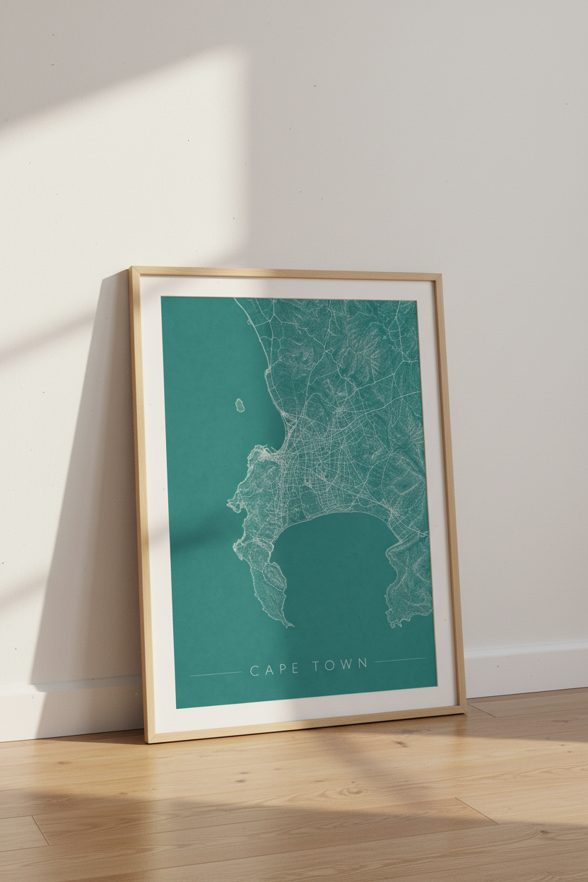 Cape Town Map Wall Art | Teal Minimalist City Print, South Africa Decor
