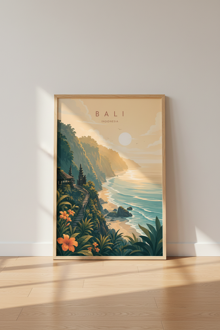 Bali Indonesia Travel Poster | Tropical Coastal Wall Art Print | Sunset Beach Decor