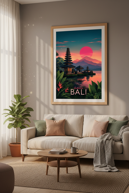 Bali Indonesia Travel Wall Art | Tropical Sunset Temple Decor | Exotic Landscape Poster