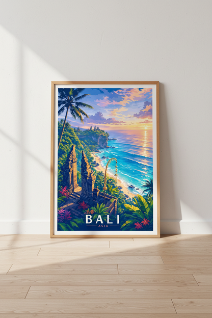 Bali Asia Travel Poster | Tropical Sunset Landscape, Coastal Home Decor Art