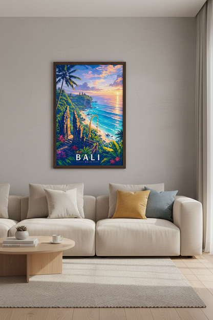 Bali Asia Travel Poster | Tropical Sunset Landscape, Coastal Home Decor Art