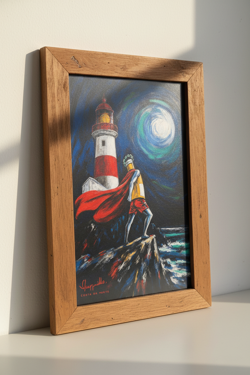 Nautical Lighthouse Superhero Art Print | Coastal Surreal Decor | Blue &amp; Red Poster