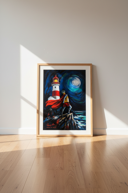Nautical Lighthouse Superhero Art Print | Coastal Surreal Decor | Blue &amp; Red Poster