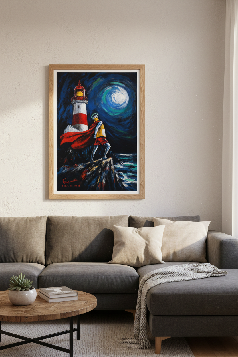Nautical Lighthouse Superhero Art Print | Coastal Surreal Decor | Blue &amp; Red Poster