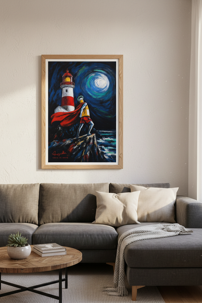 Nautical Lighthouse Superhero Art Print | Coastal Surreal Decor | Blue &amp; Red Poster
