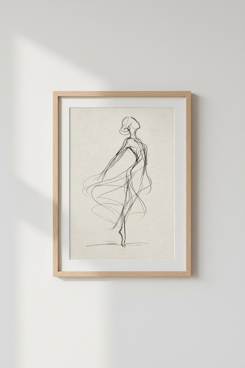 Ballerina Sketch Line Art | Minimalist Black &amp; Beige, Modern Bedroom Decor Poster