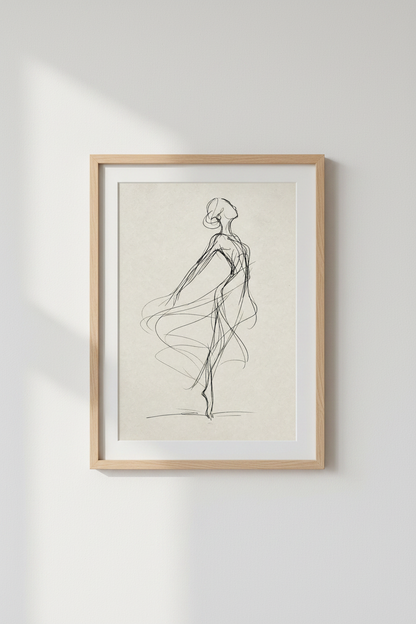 Ballerina Sketch Line Art | Minimalist Black &amp; Beige, Modern Bedroom Decor Poster