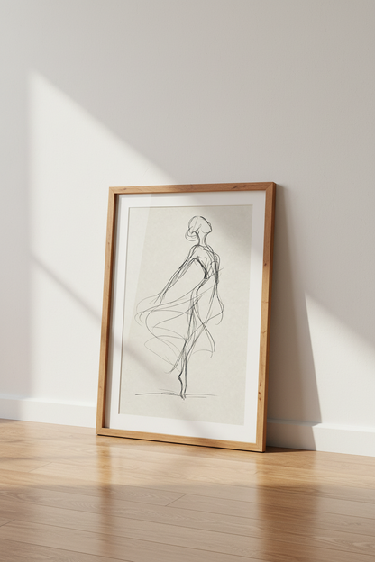 Ballerina Sketch Line Art | Minimalist Black &amp; Beige, Modern Bedroom Decor Poster