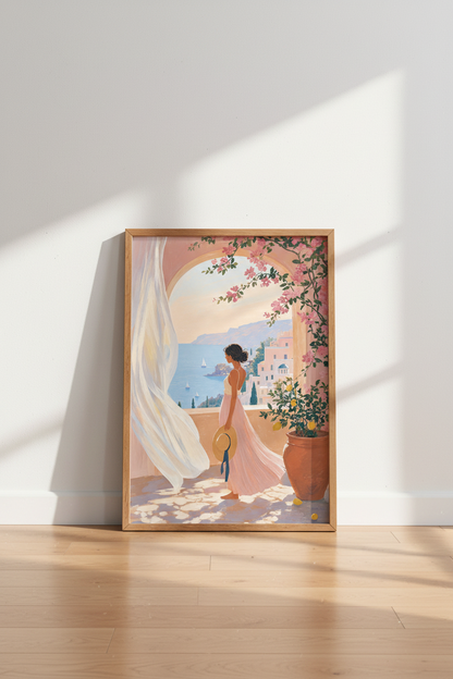 Mediterranean Coastal Wall Art | Pastel Greece Balcony Poster, Minimalist Summer Decor