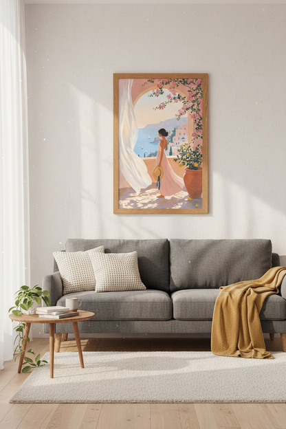 Mediterranean Coastal Wall Art | Pastel Greece Balcony Poster, Minimalist Summer Decor