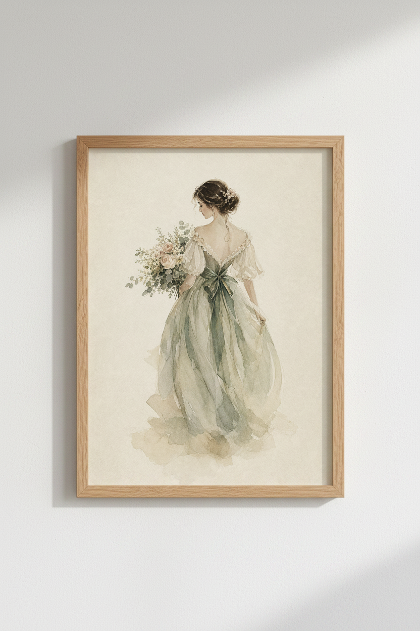 Bridal Portrait | Watercolor Sage Green Dress, Vintage Cottagecore Bedroom Wall Art