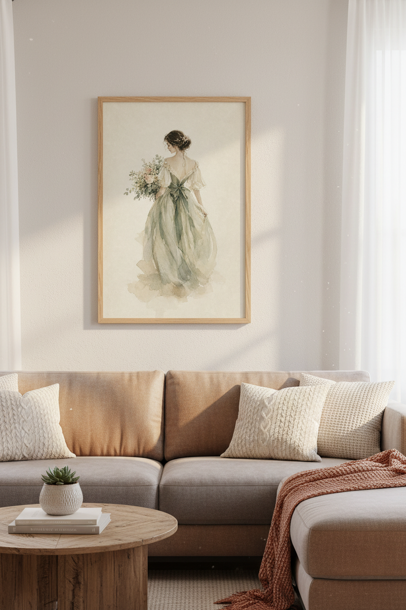 Bridal Portrait | Watercolor Sage Green Dress, Vintage Cottagecore Bedroom Wall Art