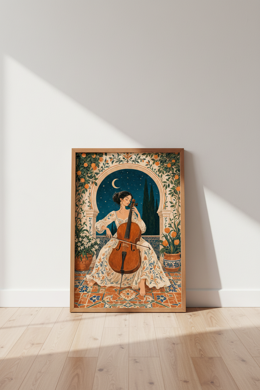 Cello Player Wall Art | Mediterranean Music Room Decor | Moon &amp; Stars Poster