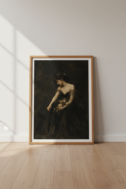 Moody Dark Academia Woman Portrait | Vintage Gothic Oil Style, Bedroom Wall Art