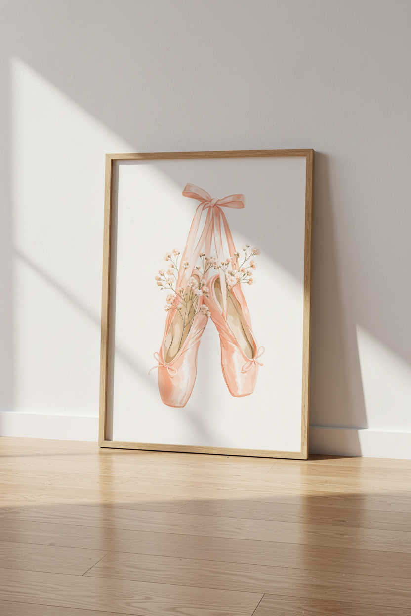 Ballet Pointe Shoes Wall Art | Pink Watercolor Floral Poster | Girls Nursery Decor