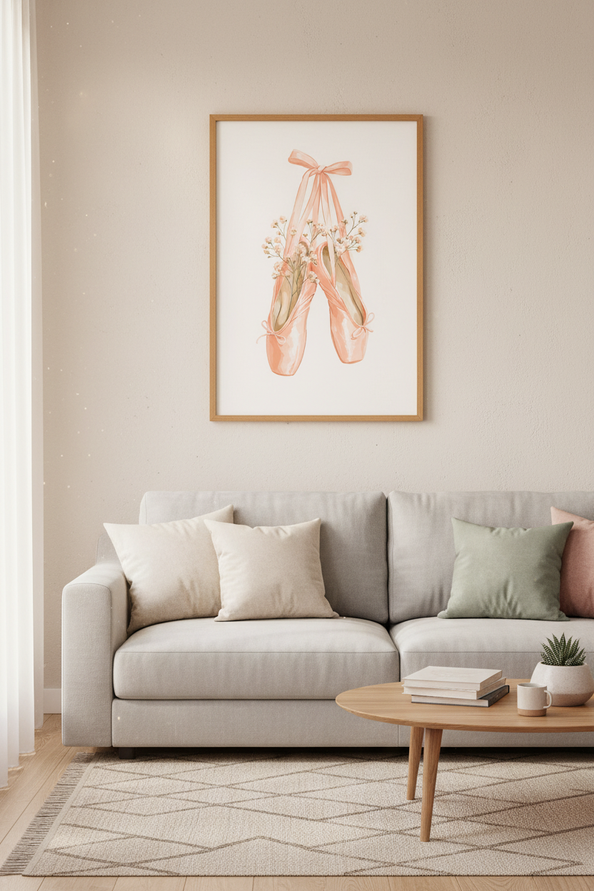 Ballet Pointe Shoes Wall Art | Pink Watercolor Floral Poster | Girls Nursery Decor