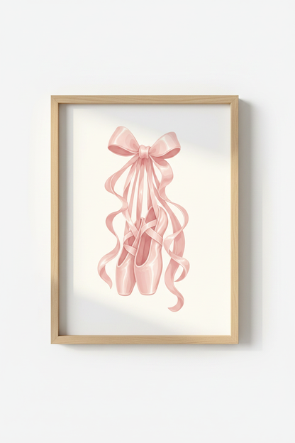 Coquette Ballet Wall Art | Pink Pointe Shoes Ribbon Poster, Nursery &amp; Dance Room Decor