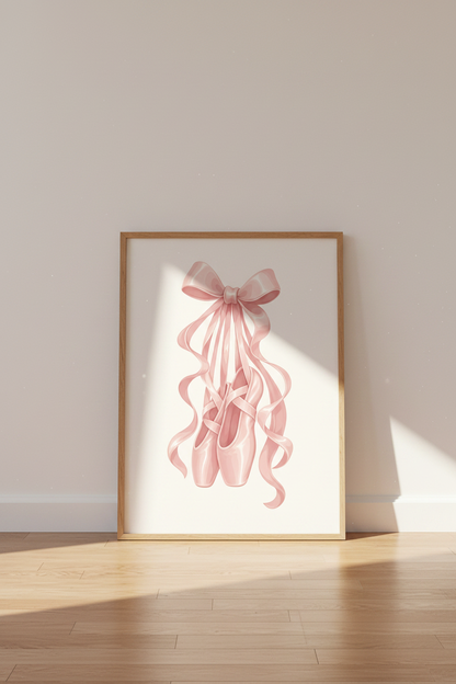 Coquette Ballet Wall Art | Pink Pointe Shoes Ribbon Poster, Nursery &amp; Dance Room Decor