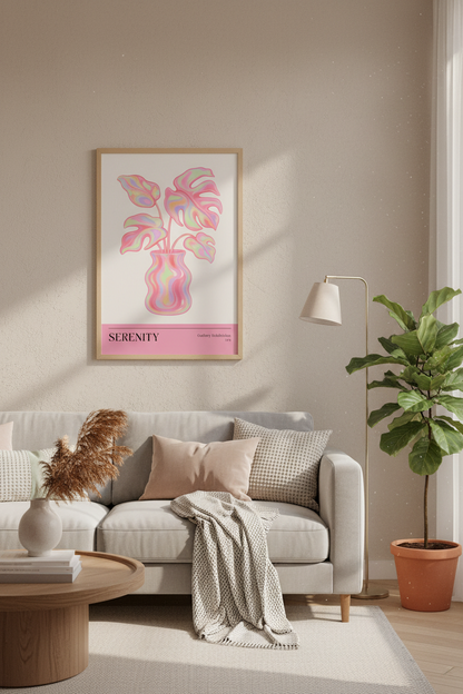 Holographic Pink Monstera Wall Art Print | Retro Gallery Decor | Pastel Aesthetic Poster