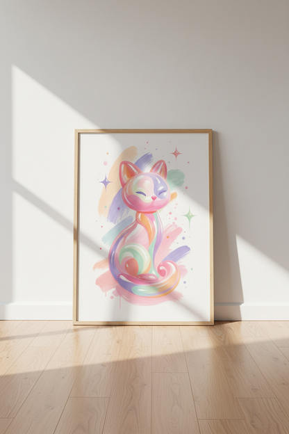 Pastel Glass Cat Wall Art | Colorful Kawaii Aesthetic, Nursery &amp; Bedroom Decor
