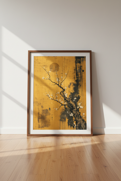 Japanese Plum Blossom Wall Art | Gold &amp; Black Zen Print | Living Room Decor