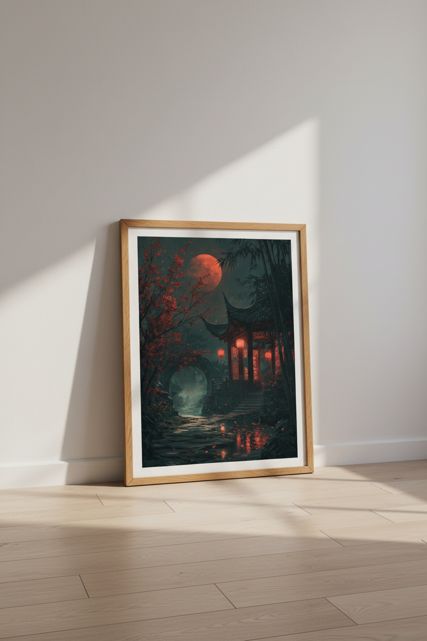 Japanese Pagoda Night Wall Art | Red Moon Landscape | Dark Aesthetic Poster