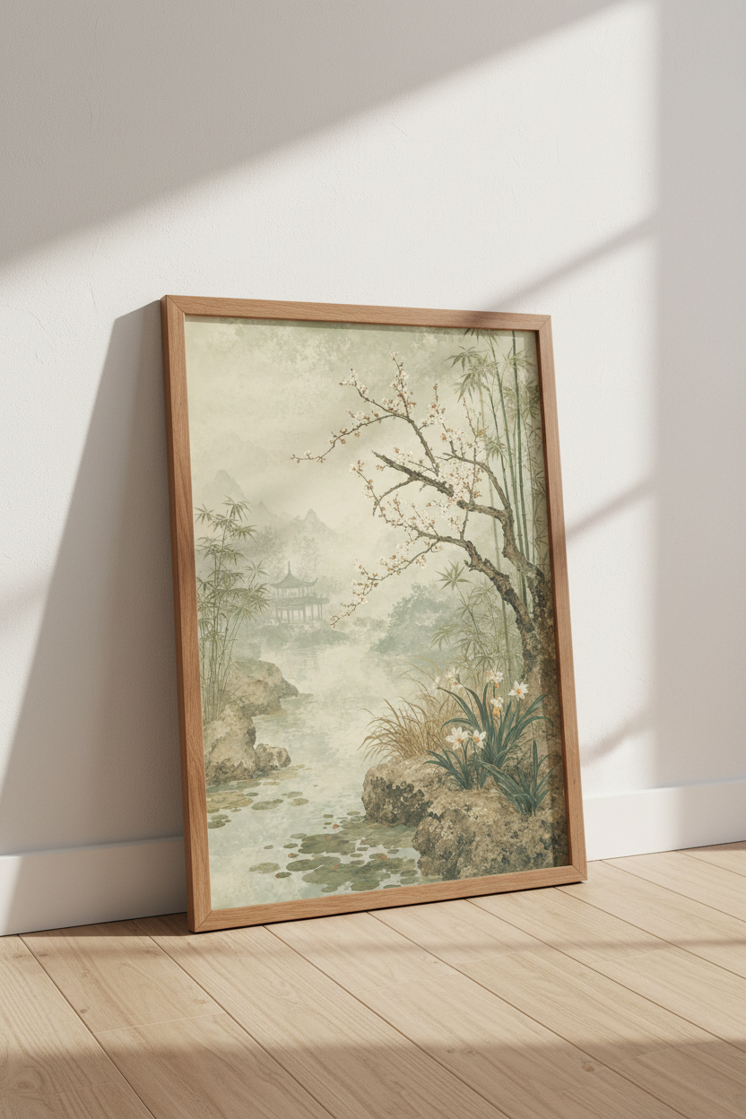 Chinoiserie Landscape Wall Art | Sage Green Vintage Zen Decor | Asian Garden Poster